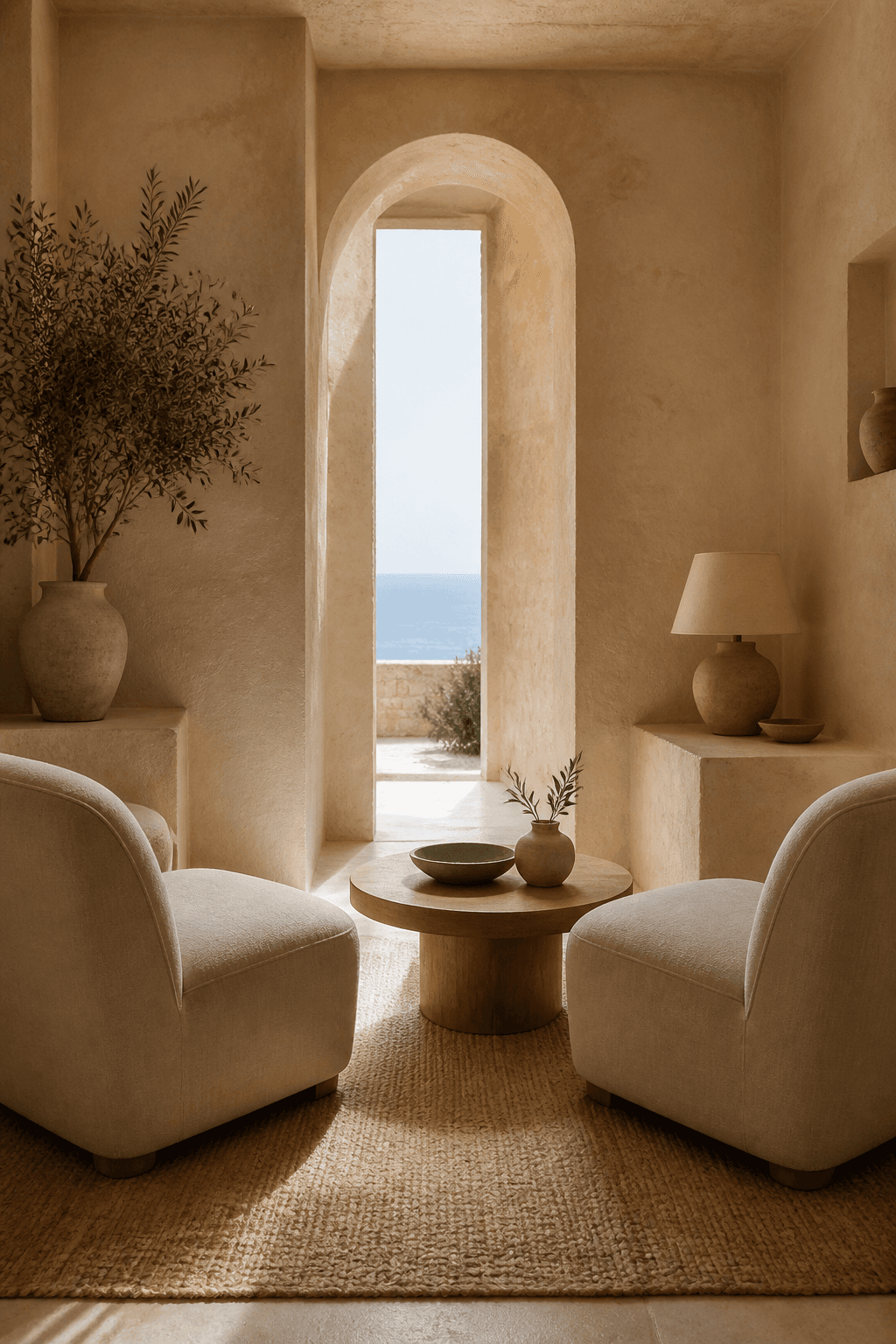 Private consultation room with warm light and two linen chairs