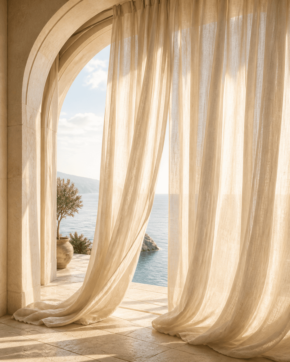 Linen curtains moving gently within a sea-facing arch