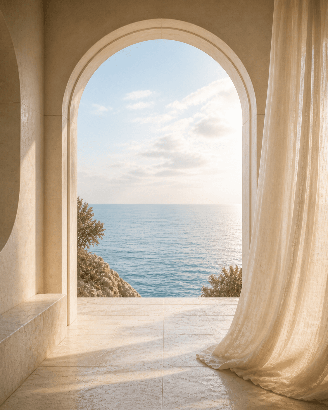 Soft sea light entering a restrained limestone interior