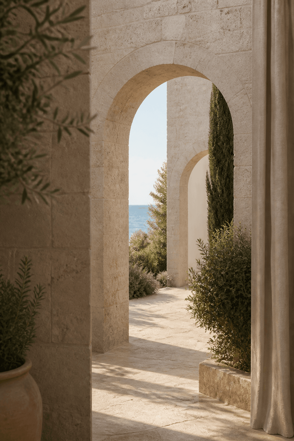A layered arched approach offering only a framed glimpse of the sea